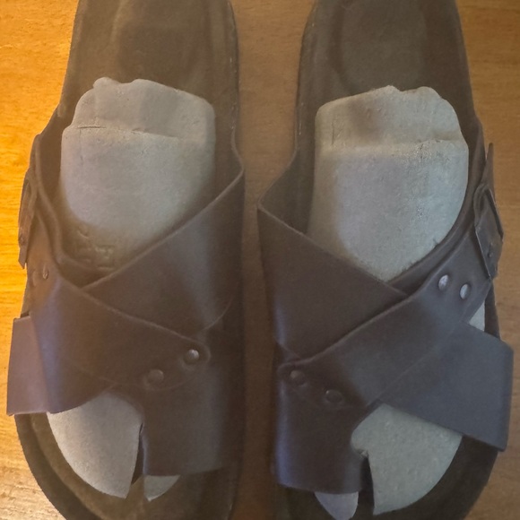 Cross Strap Toe Loop Brown Leather Sandals Cork Foot Bed - Picture 1 of 3